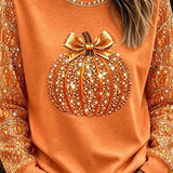 Ivy | Halloween-inspiriertes orangefarbenes Kürbis-Print-Oberteil mit Rundhalsausschnitt