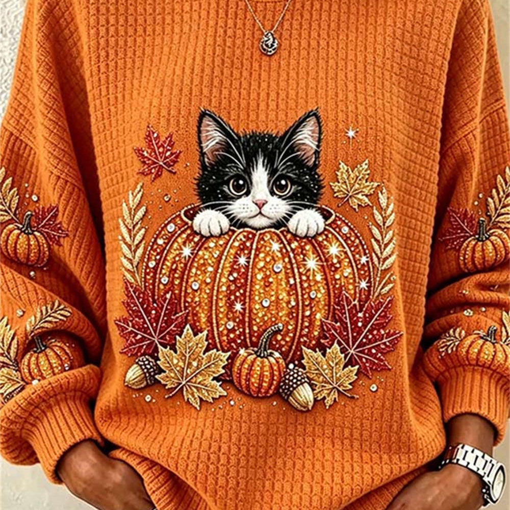 Naomi | Von Halloween inspiriertes orangefarbenes Katzen-Kürbis-Ahornblatt-Print-Langarmoberteil mit Rundhalsausschnitt