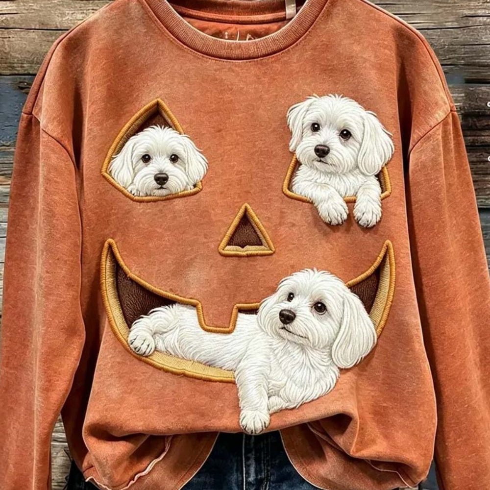 Freya | Von Halloween inspiriertes, rostfarbenes Malteser-Hund-Kürbisgesicht-Print-Oberteil mit Rundhalsausschnitt