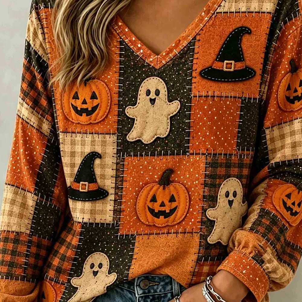 Diana | Halloween-inspiriertes, mehrfarbig kariertes, langärmeliges Geister-Kürbis-Patchwork-Oberteil mit V-Ausschnitt