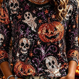 Eliza | Von Halloween inspiriertes Oberteil mit dreiviertel Ärmeln und mehrfarbigem Kürbis-Geisterschädel-Print