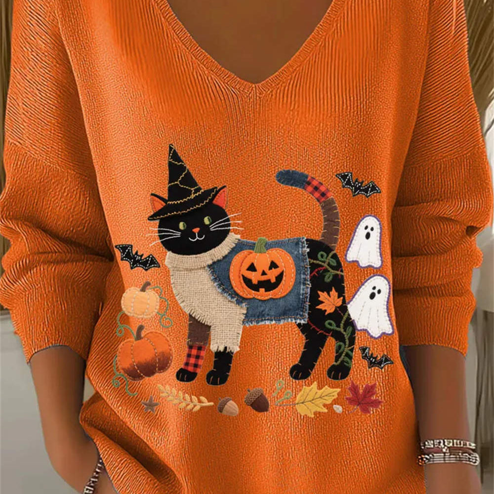 Audrey | Halloween-inspiriertes, orangefarbenes, schwarzes Katzen-Kürbis-Print-Langarmoberteil mit V-Ausschnitt