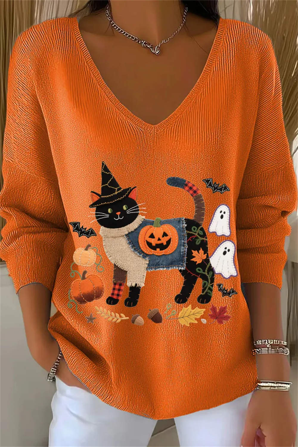 Audrey | Halloween-inspiriertes, orangefarbenes, schwarzes Katzen-Kürbis-Print-Langarmoberteil mit V-Ausschnitt