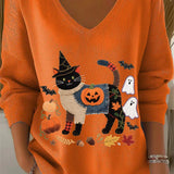 Audrey | Halloween-inspiriertes, orangefarbenes, schwarzes Katzen-Kürbis-Print-Langarmoberteil mit V-Ausschnitt