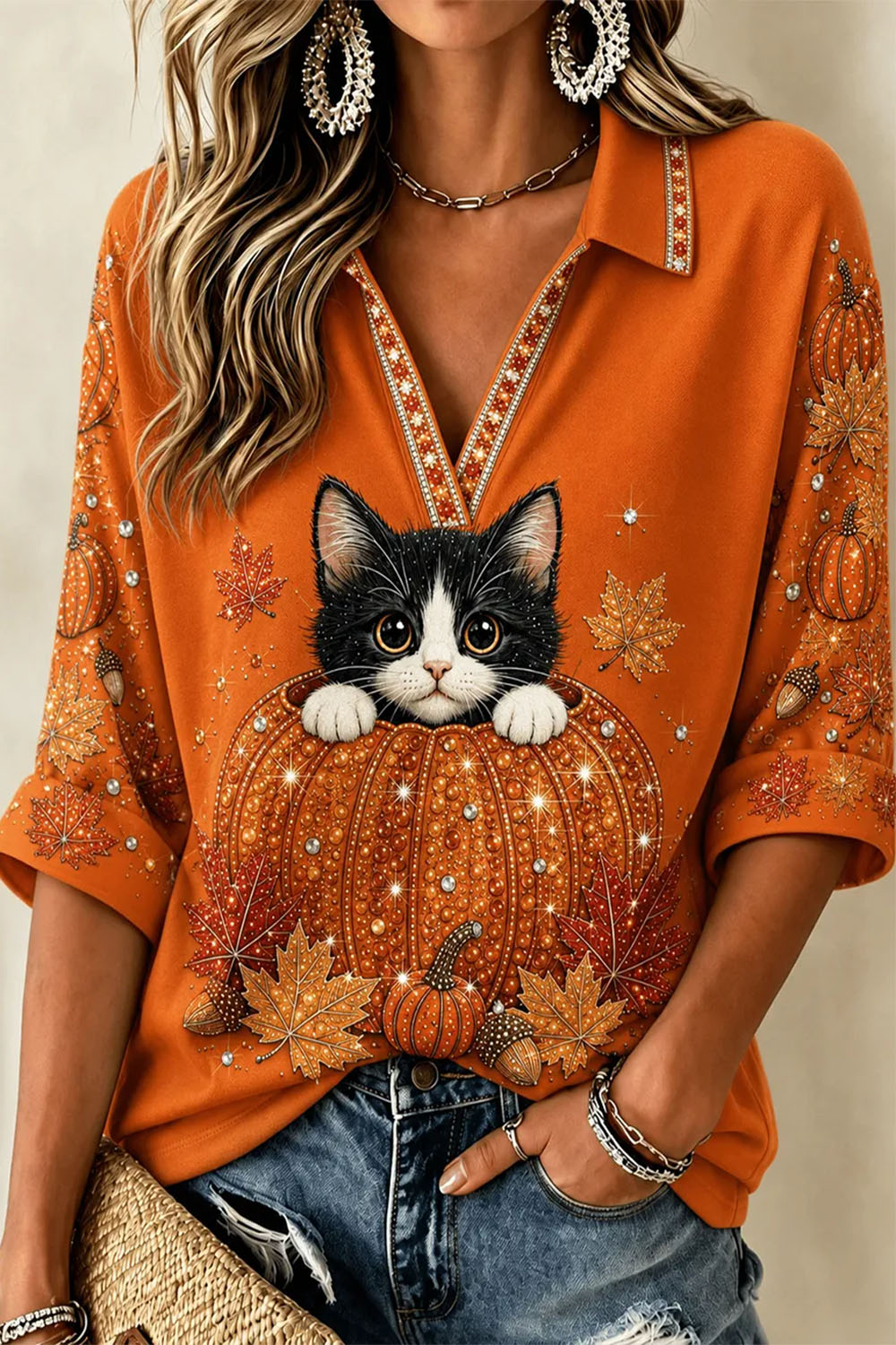Victoria | Halloween-inspiriertes orangefarbenes Oberteil mit Dreiviertelärmeln und Kragen im Kürbis-Katzen-Print
