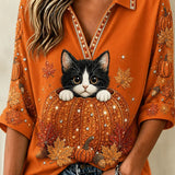 Victoria | Halloween-inspiriertes orangefarbenes Oberteil mit Dreiviertelärmeln und Kragen im Kürbis-Katzen-Print