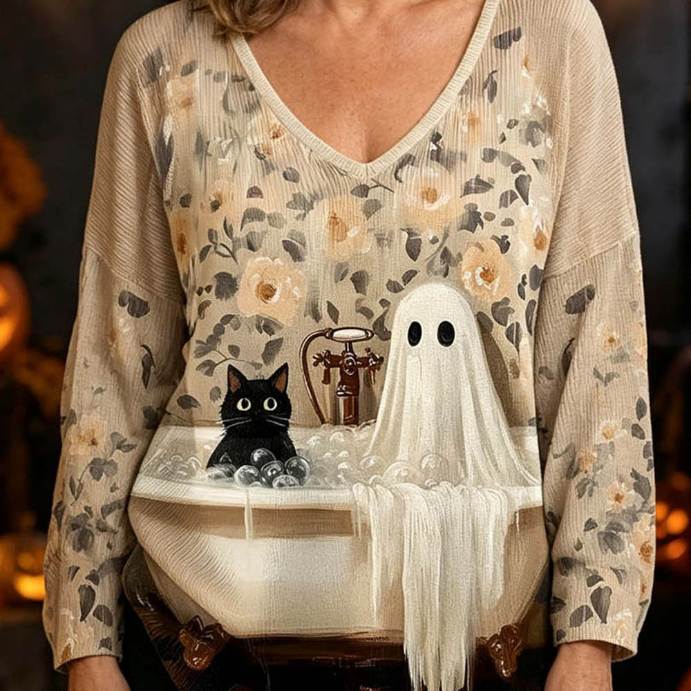 Alicia | Von Halloween inspiriertes, beigefarbenes, langärmliges Oberteil mit Geisterkatzen-Badewannen-Print und V-Ausschnitt