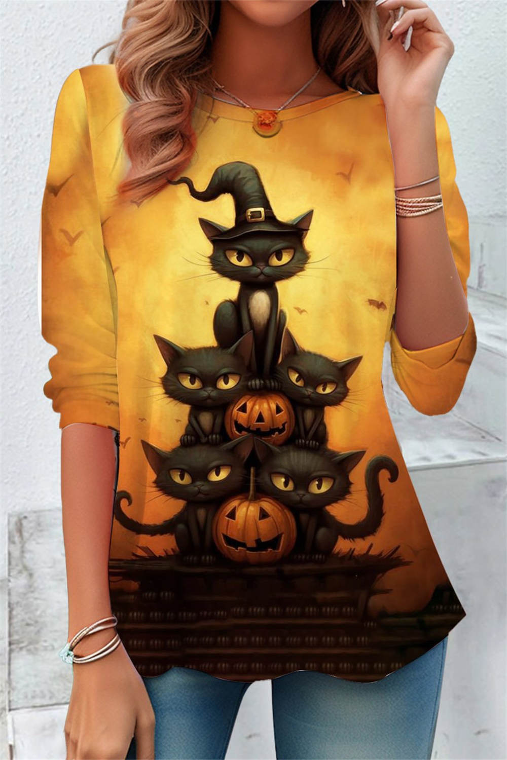 Henrietta | Von Halloween inspiriertes gelbes Katzen-Kürbis-Print-Oberteil mit Rundhalsausschnitt und Dreiviertelärmeln