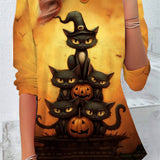 Henrietta | Von Halloween inspiriertes gelbes Katzen-Kürbis-Print-Oberteil mit Rundhalsausschnitt und Dreiviertelärmeln