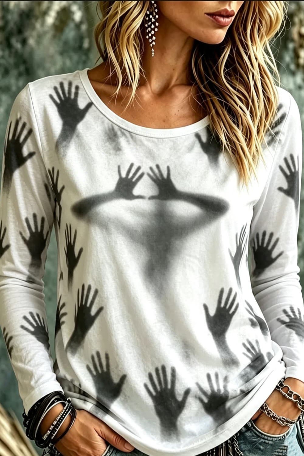 Anabelle | Von Halloween inspiriertes, weißes, langärmliges Oberteil mit Handabdruck-Aufdruck und Rundhalsausschnitt