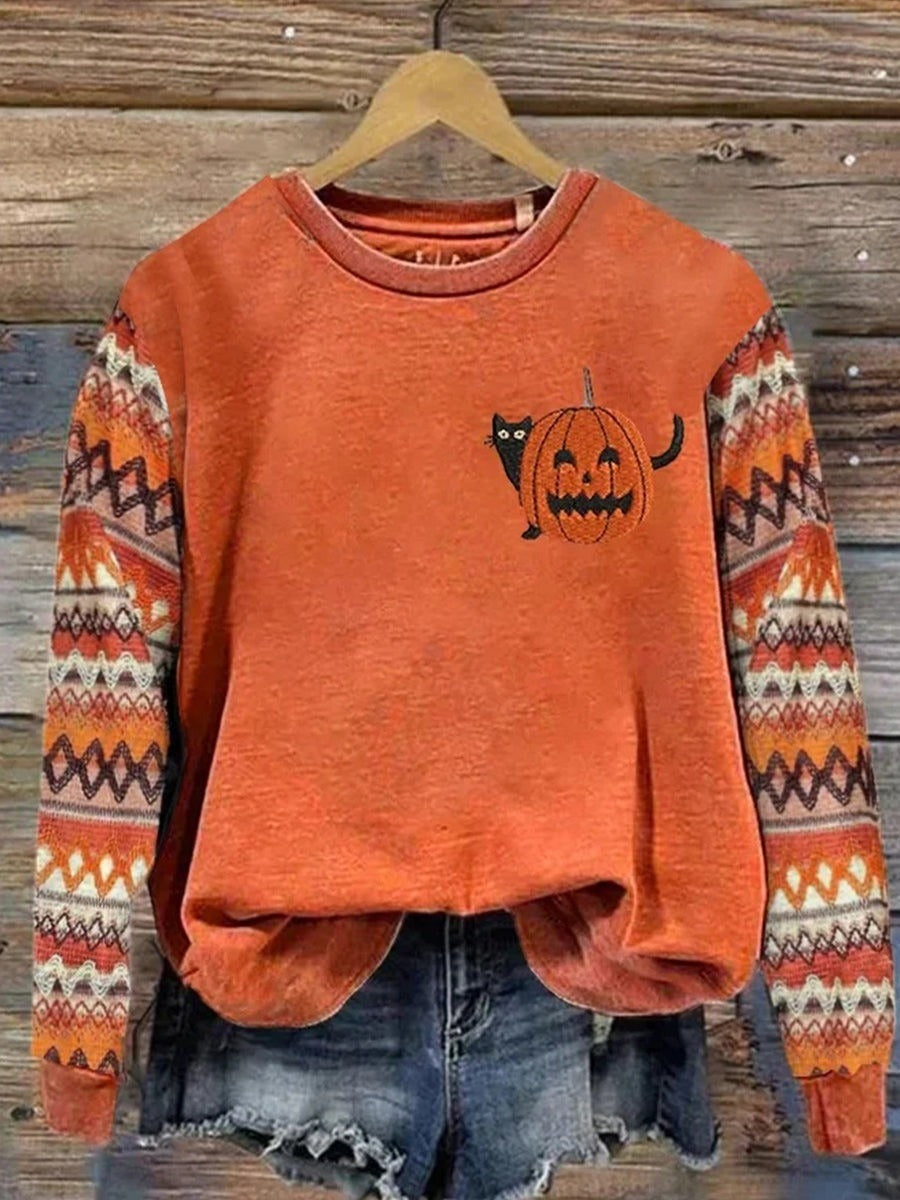 Ariadne | Bequemes, langärmliges Rundhals-Sweatshirt mit Halloween-inspiriertem Kürbis-Print