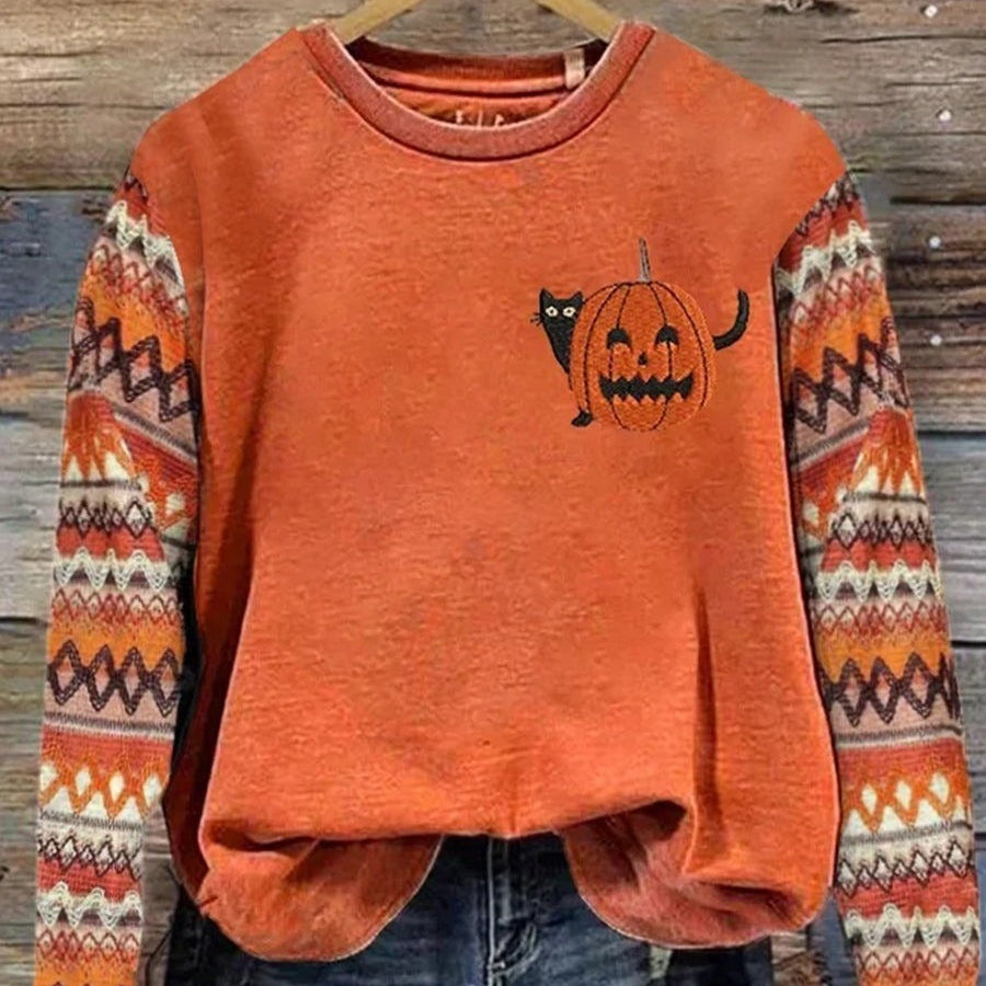 Ariadne | Bequemes, langärmliges Rundhals-Sweatshirt mit Halloween-inspiriertem Kürbis-Print
