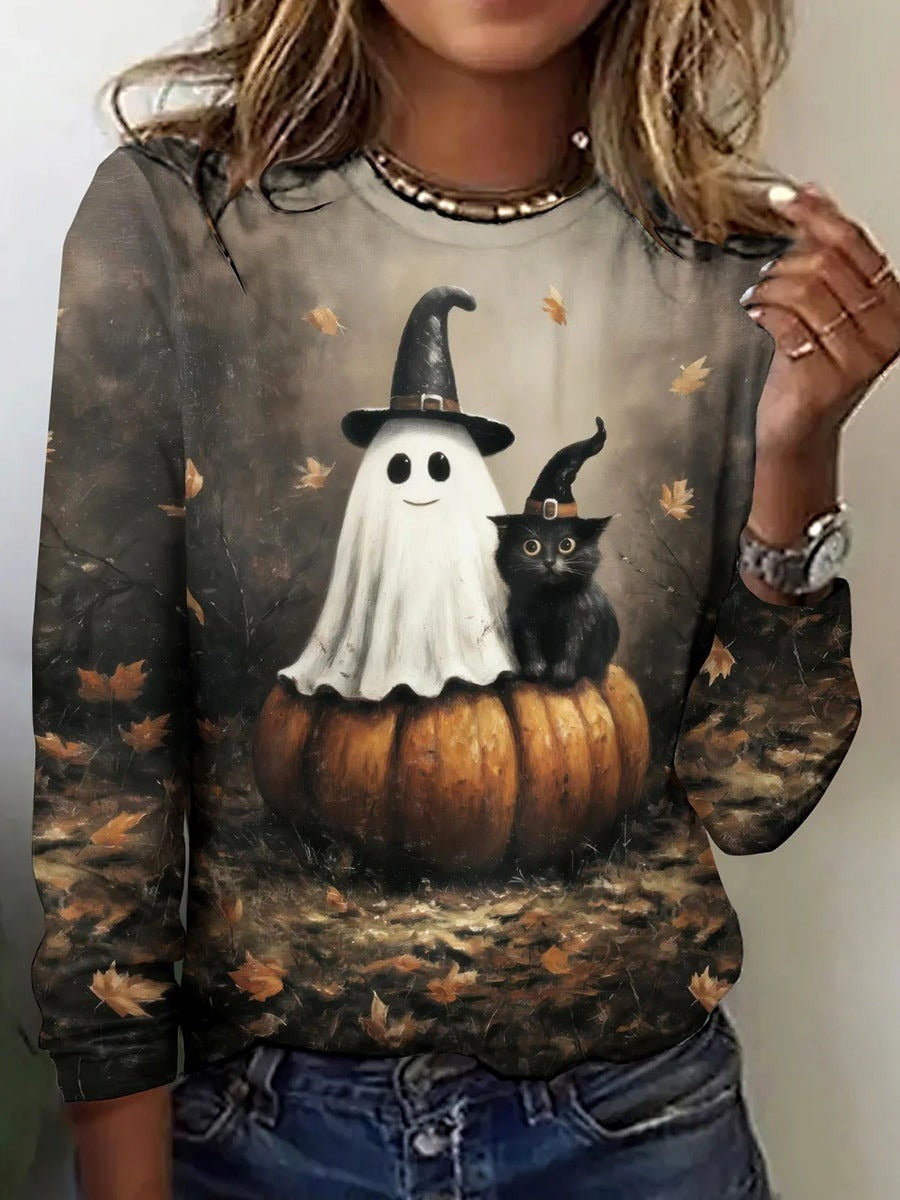 Autumn | Halloween-inspiriertes, langärmliges Rundhals-T-Shirt mit süßem Geister-Print
