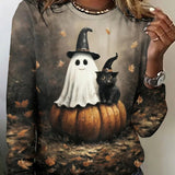 Autumn | Halloween-inspiriertes, langärmliges Rundhals-T-Shirt mit süßem Geister-Print