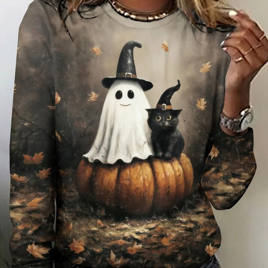 Autumn | Halloween-inspiriertes, langärmliges Rundhals-T-Shirt mit süßem Geister-Print