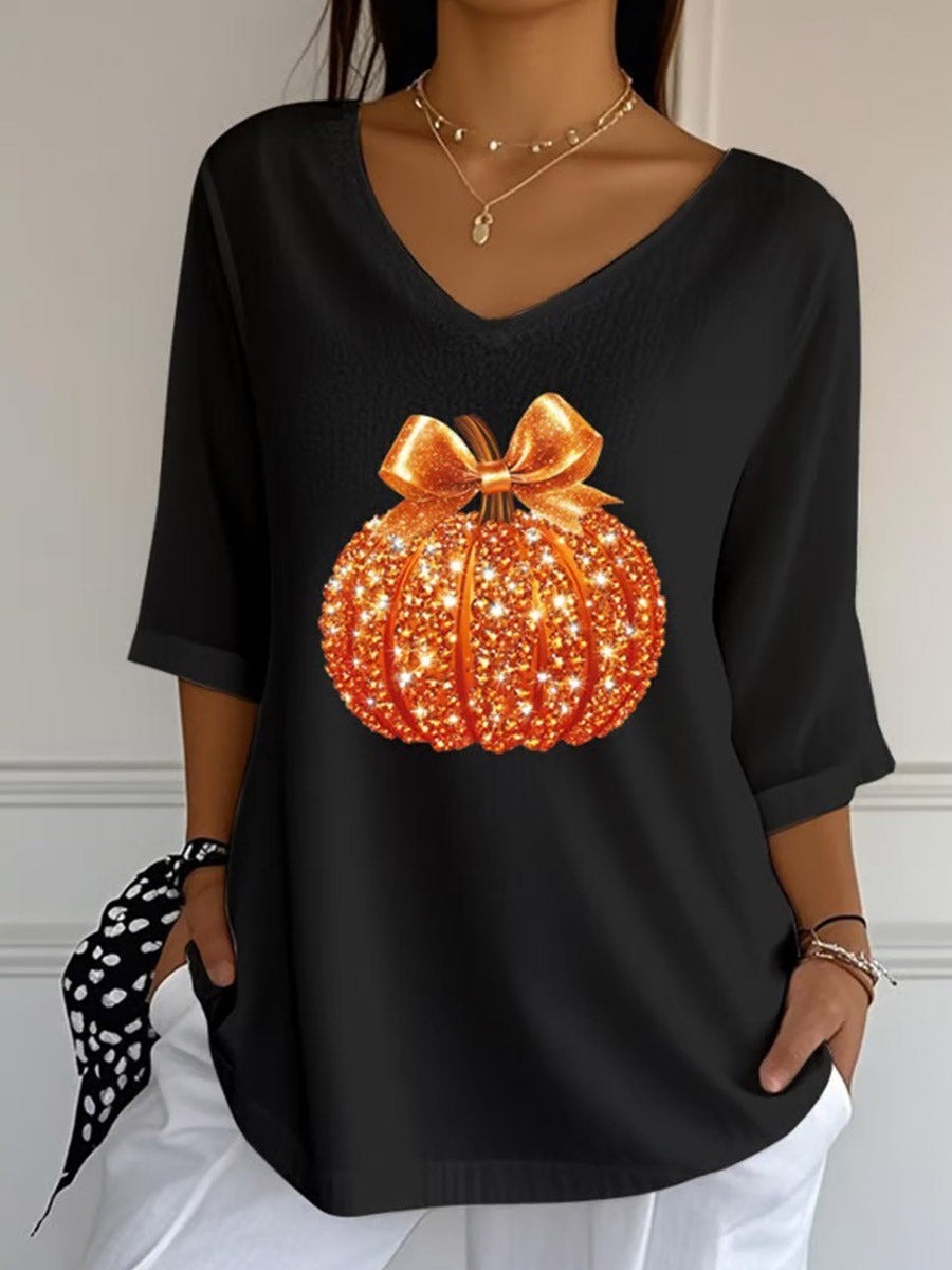 Camila | Halloween-Pailletten-Kürbis-Druck, V-Ausschnitt, Dreiviertelärmel, lässige, lockere Bluse