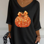 Camila | Halloween-Pailletten-Kürbis-Druck, V-Ausschnitt, Dreiviertelärmel, lässige, lockere Bluse
