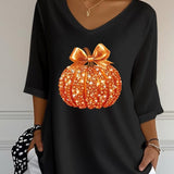 Camila | Halloween-Pailletten-Kürbis-Druck, V-Ausschnitt, Dreiviertelärmel, lässige, lockere Bluse