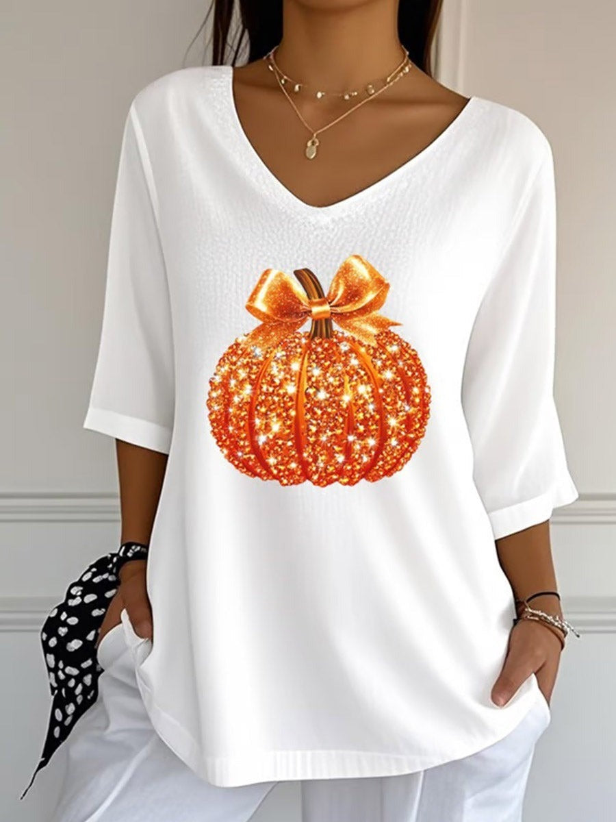 Camila | Halloween-Pailletten-Kürbis-Druck, V-Ausschnitt, Dreiviertelärmel, lässige, lockere Bluse