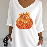 Camila | Halloween-Pailletten-Kürbis-Druck, V-Ausschnitt, Dreiviertelärmel, lässige, lockere Bluse