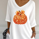 Camila | Halloween-Pailletten-Kürbis-Druck, V-Ausschnitt, Dreiviertelärmel, lässige, lockere Bluse