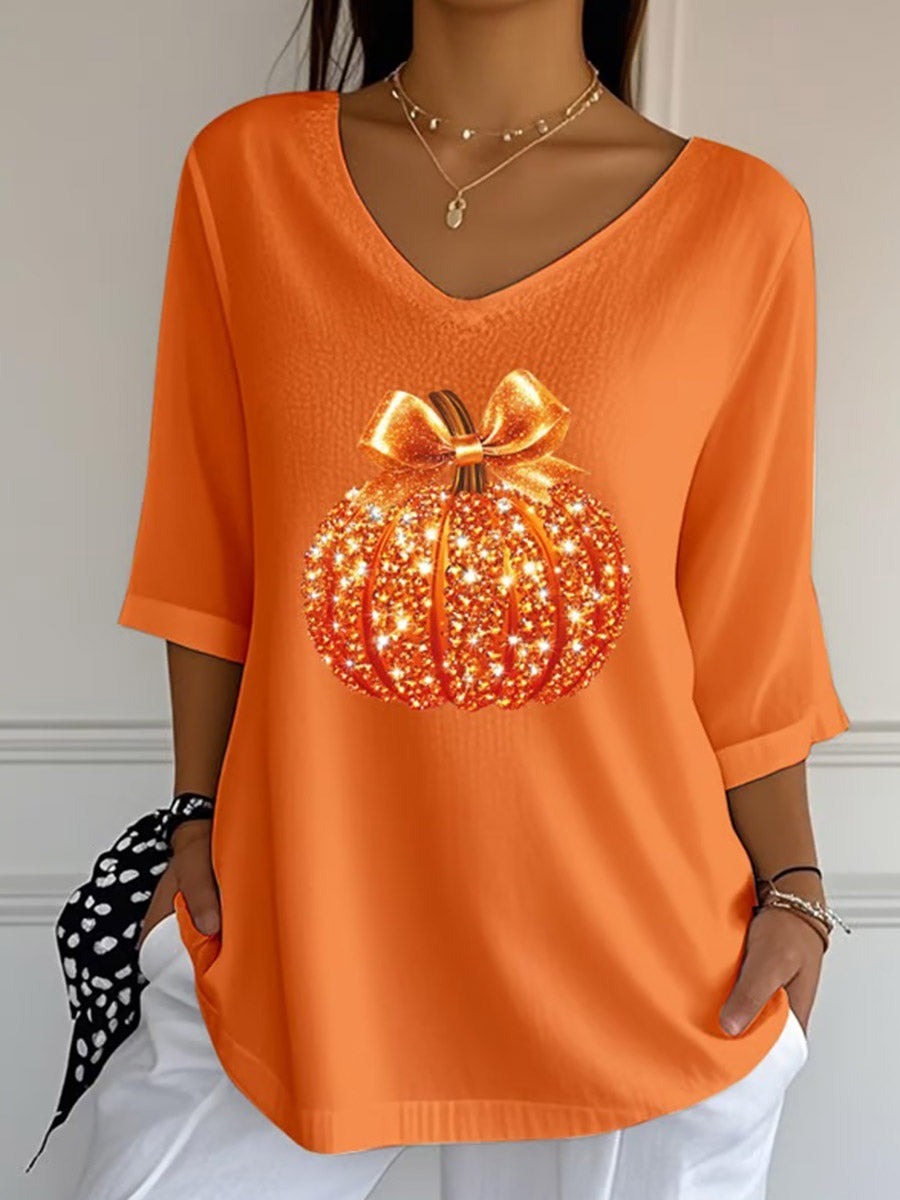 Camila | Halloween-Pailletten-Kürbis-Druck, V-Ausschnitt, Dreiviertelärmel, lässige, lockere Bluse