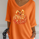 Camila | Halloween-Pailletten-Kürbis-Druck, V-Ausschnitt, Dreiviertelärmel, lässige, lockere Bluse
