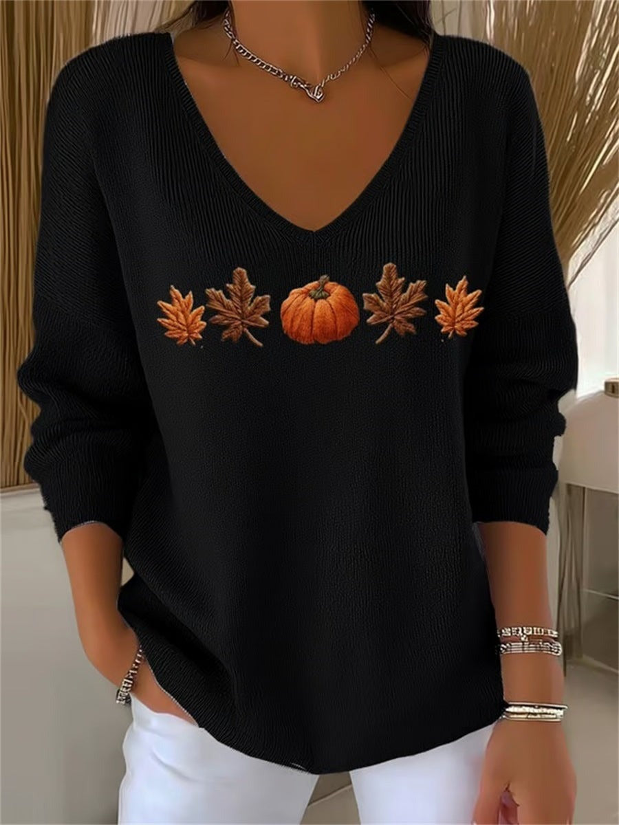Lydia | Halloween-Herbst-Sweatshirt mit Ahornblatt- und Kürbis-Aufdruck, langärmelig, V-Ausschnitt, lässig