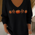 Lydia | Halloween-Herbst-Sweatshirt mit Ahornblatt- und Kürbis-Aufdruck, langärmelig, V-Ausschnitt, lässig