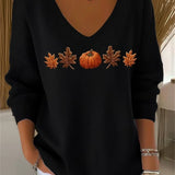 Lydia | Halloween-Herbst-Sweatshirt mit Ahornblatt- und Kürbis-Aufdruck, langärmelig, V-Ausschnitt, lässig