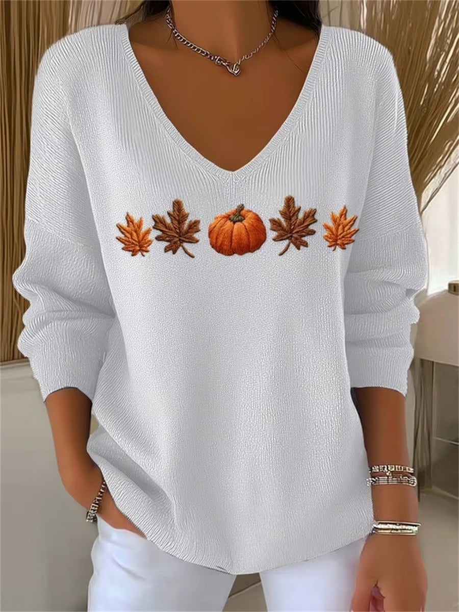 Lydia | Halloween-Herbst-Sweatshirt mit Ahornblatt- und Kürbis-Aufdruck, langärmelig, V-Ausschnitt, lässig