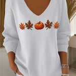 Lydia | Halloween-Herbst-Sweatshirt mit Ahornblatt- und Kürbis-Aufdruck, langärmelig, V-Ausschnitt, lässig
