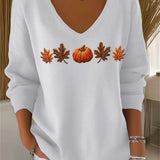 Lydia | Halloween-Herbst-Sweatshirt mit Ahornblatt- und Kürbis-Aufdruck, langärmelig, V-Ausschnitt, lässig