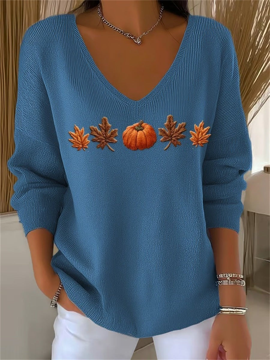 Lydia | Halloween-Herbst-Sweatshirt mit Ahornblatt- und Kürbis-Aufdruck, langärmelig, V-Ausschnitt, lässig