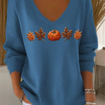 Lydia | Halloween-Herbst-Sweatshirt mit Ahornblatt- und Kürbis-Aufdruck, langärmelig, V-Ausschnitt, lässig