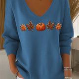 Lydia | Halloween-Herbst-Sweatshirt mit Ahornblatt- und Kürbis-Aufdruck, langärmelig, V-Ausschnitt, lässig