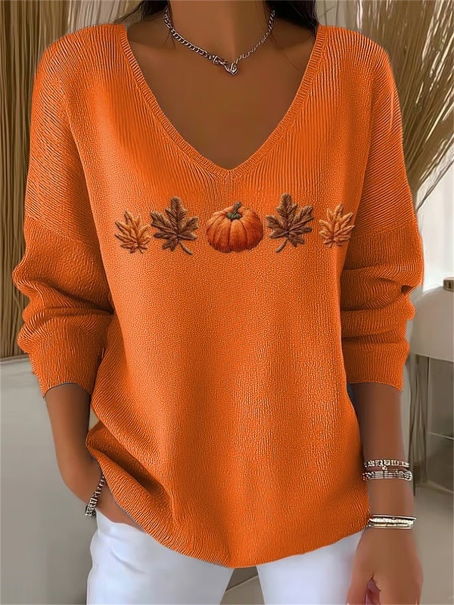 Lydia | Halloween-Herbst-Sweatshirt mit Ahornblatt- und Kürbis-Aufdruck, langärmelig, V-Ausschnitt, lässig