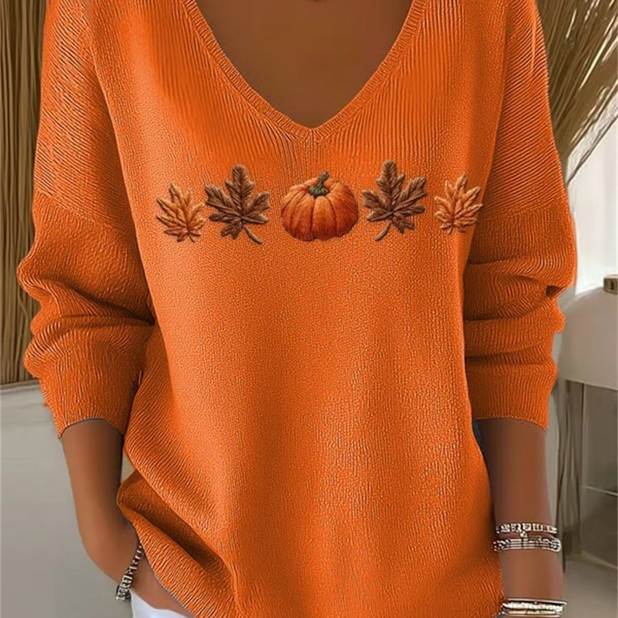 Lydia | Halloween-Herbst-Sweatshirt mit Ahornblatt- und Kürbis-Aufdruck, langärmelig, V-Ausschnitt, lässig