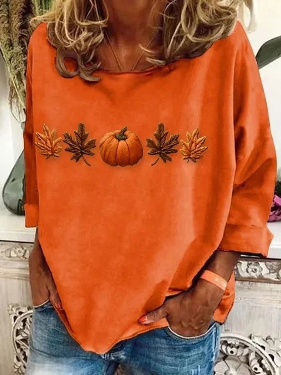 Claire | Von Halloween inspirierte, langärmlige Oberteile mit Kürbis-Ahornblatt-Print und Rundhalsausschnitt