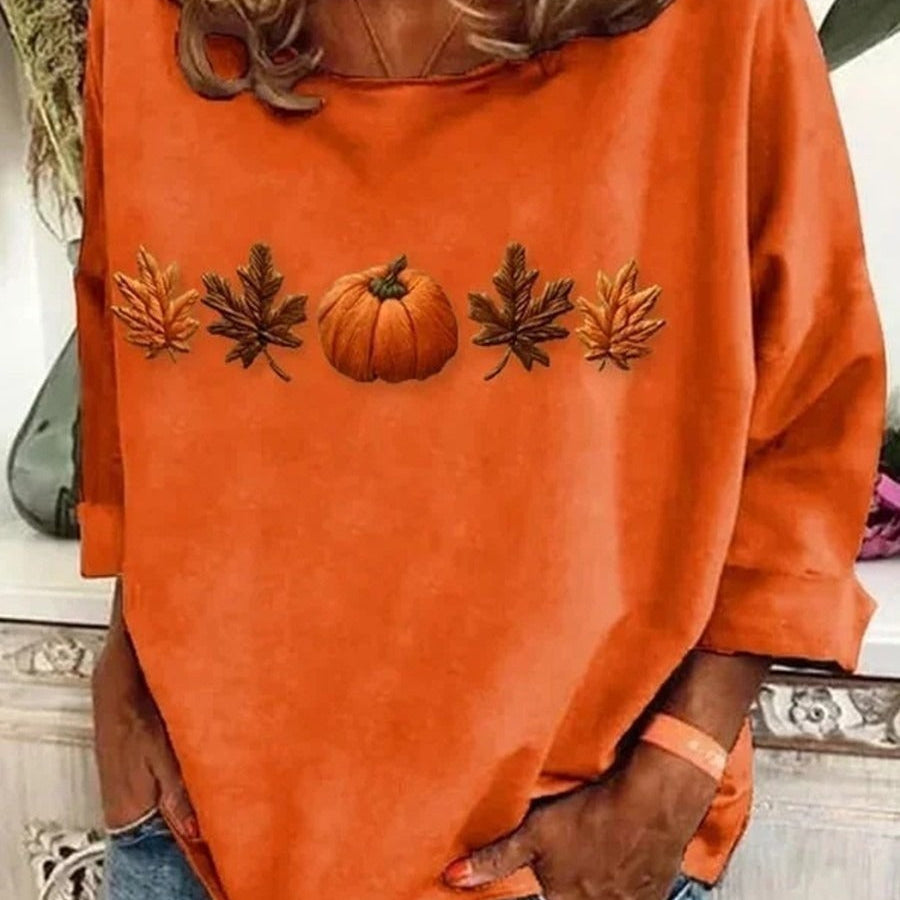 Claire | Von Halloween inspirierte, langärmlige Oberteile mit Kürbis-Ahornblatt-Print und Rundhalsausschnitt