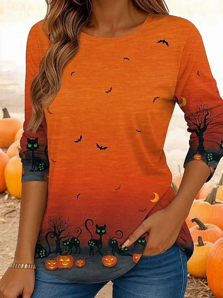 Natalie | Langärmliges T-Shirt mit Rundhalsausschnitt und Halloween-inspiriertem Katzen-Print