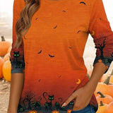 Natalie | Langärmliges T-Shirt mit Rundhalsausschnitt und Halloween-inspiriertem Katzen-Print