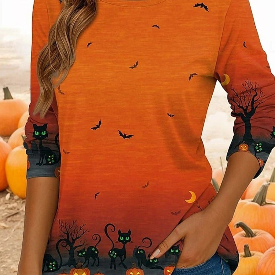 Natalie | Langärmliges T-Shirt mit Rundhalsausschnitt und Halloween-inspiriertem Katzen-Print