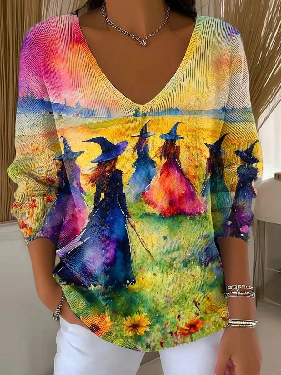 Hazel | Bequemer, langärmliger Pullover mit Halloween-inspiriertem Aquarell-Hexen-Print und V-Ausschnitt
