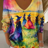 Hazel | Bequemer, langärmliger Pullover mit Halloween-inspiriertem Aquarell-Hexen-Print und V-Ausschnitt