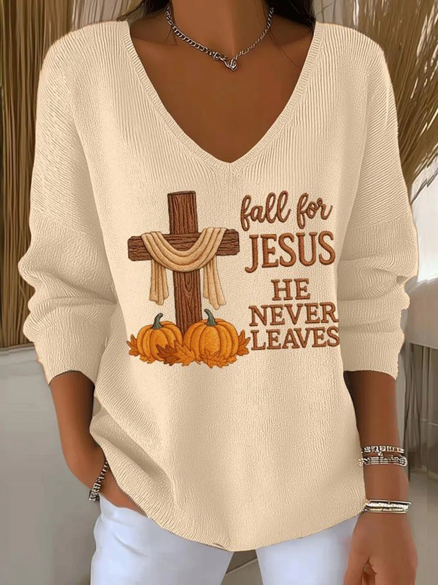 Ivana | Halloween Herbst für Jesus Kürbis Kreuz Print V-Ausschnitt Langarm Herbstpullover