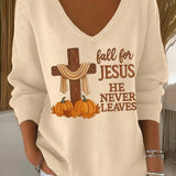 Ivana | Halloween Herbst für Jesus Kürbis Kreuz Print V-Ausschnitt Langarm Herbstpullover