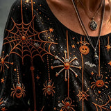 Josephine | Halloween-inspirierte, langärmlige Bluse mit Spinnennetz-Kürbis-Print und Rundhalsausschnitt