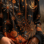Josephine | Halloween-inspirierte, langärmlige Bluse mit Spinnennetz-Kürbis-Print und Rundhalsausschnitt
