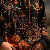 Josephine | Halloween-inspirierte, langärmlige Bluse mit Spinnennetz-Kürbis-Print und Rundhalsausschnitt